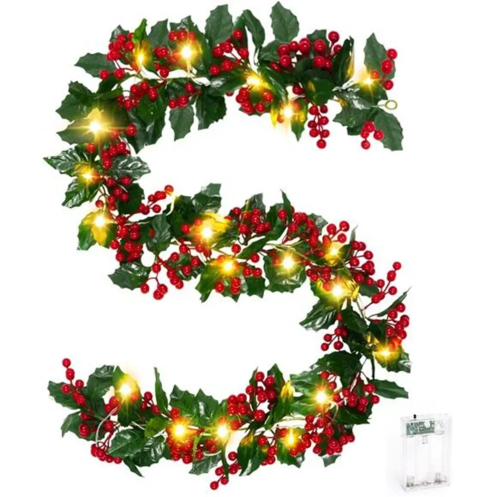 5.6Ft Christmas Holly Red‎ Berry Realistic Garland for Indoor/Outdoor Decor